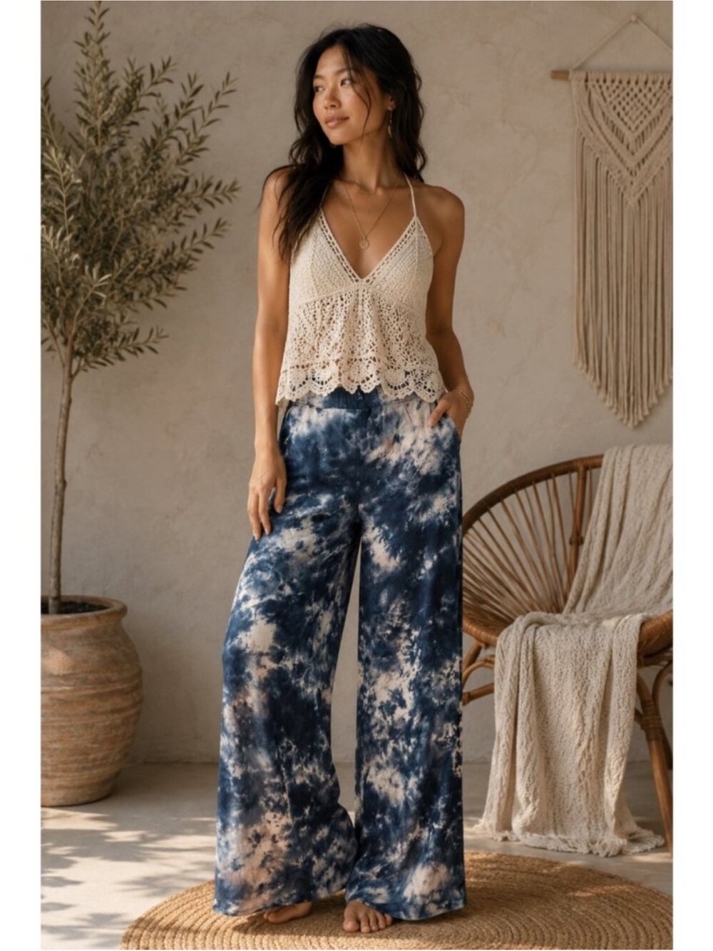 Young Fabulous & Broke Tie Dye Wide Leg Pants Blue Boho Palazzo Lounge Sz. Small